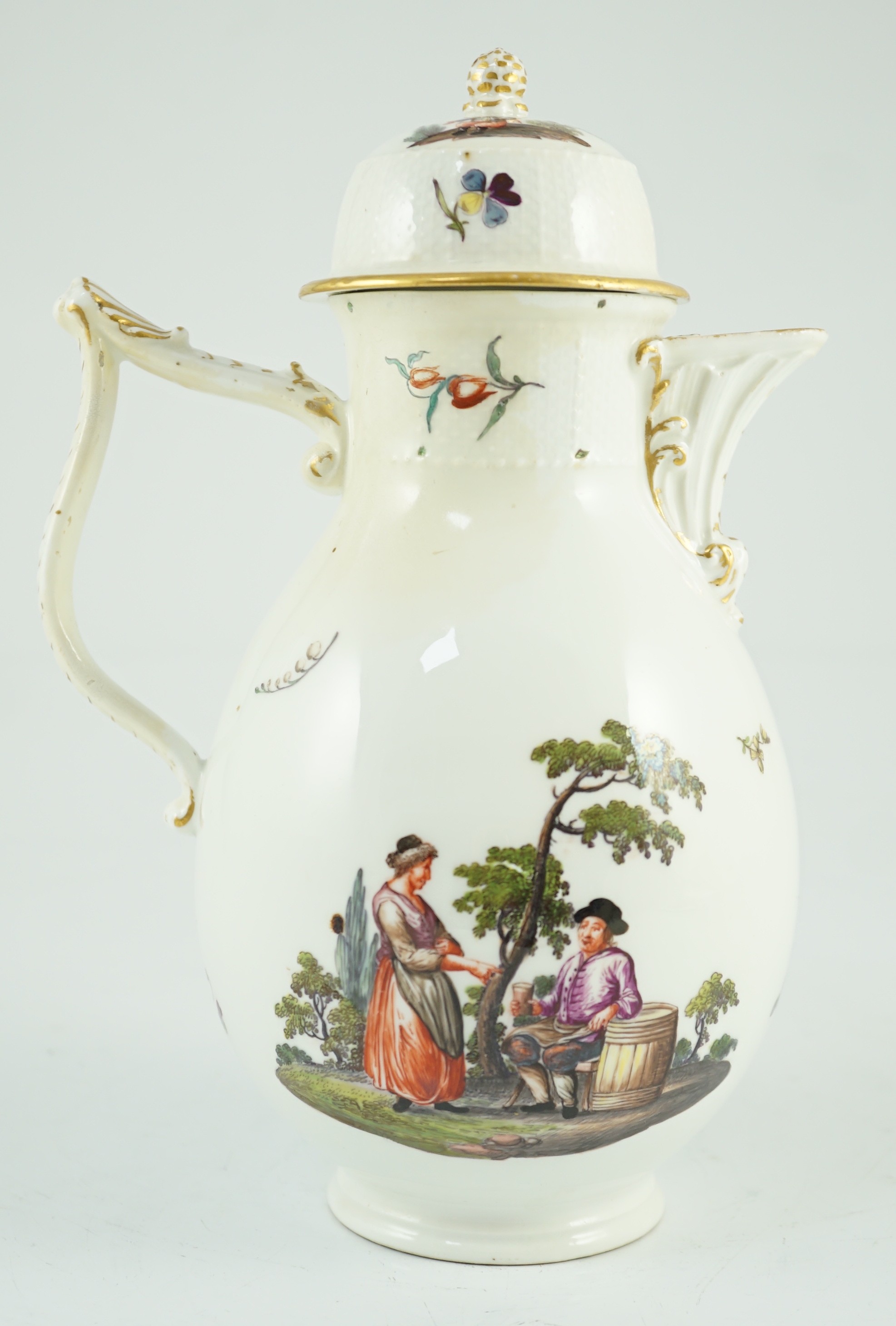 A Meissen coffee pot and cover, c.1760, 23cm high, discoloured restoration